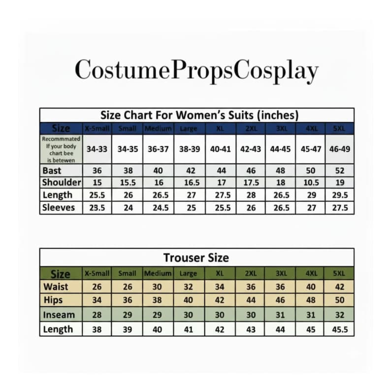 K&ouml;nnte beinhalten: Eine Gr&ouml;&szlig;entabelle f&uuml;r Damenanz&uuml;ge und -hosen mit Ma&szlig;en in Zoll. Die Tabelle umfasst Gr&ouml;&szlig;en von X-Small bis 5XL und gibt detaillierte Ma&szlig;e f&uuml;r Brust, Schulter, L&auml;nge, &Auml;rmel, Taille, H&uuml;fte, Schrittl&auml;nge und L&auml;nge an.