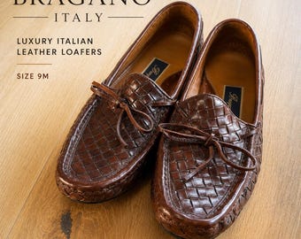 Bragano Woven Leather Loafers Mens 9 Made in Italy Brown Luxury Driver