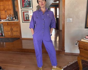 Vintage 1980s Purple Hearts Utility Jumpsuit Snap Front Elastic Waist