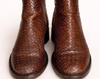 Vintage Bass Woven Leather Ankle Boots Brown Block Heel Size 7.5