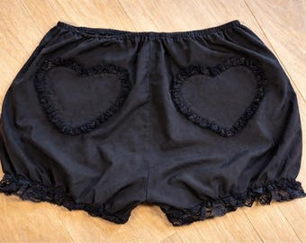 Vintage Black Cotton Bloomers Heart Appliqué Lace Trim Coquette Shorts Elastic W