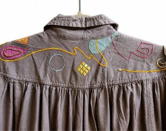 Vintage 80s Marc D’Alcy Paris Embroidered Jumpsuit Taupe Rayon Art to Wear Size