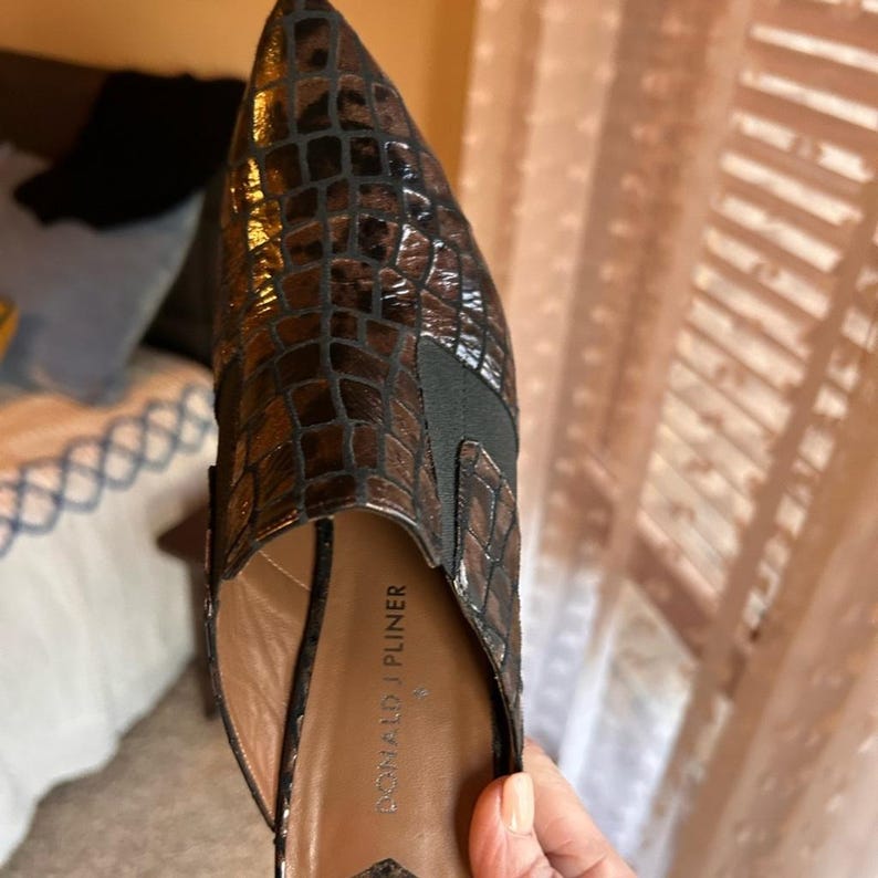 K&ouml;nnte beinhalten: Flacher Schuh mit spitzer Zehenpartie und braunem, strukturiertem, krokodil&auml;hnlichem Muster. Der Schuh hat ein schwarzes Gummiband &uuml;ber dem Oberteil und der Markenname "DONALD J PLINER" ist auf der Innensohle sichtbar.