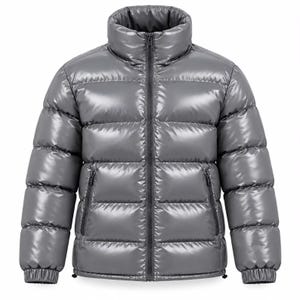 May include: A shiny, metallic gray puffer jacket featuring a high stand-up collar, a full-length central zipper, and two zippered side pockets. The garment has horizontal quilted sections and elasticized cuffs at the sleeves.