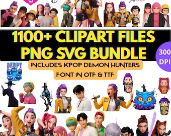 1100+ Kpop Demon Hunters Clipart-bundel, Huntrix PNG SVG, Kpop Anime, Saja Boys, Saja Girls, Rumi Mira Zoey, Kpop-lettertype, digitale download