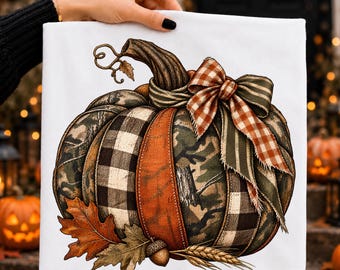 Camo Pumpkin PNG, Rustic Fall Pumpkin, Buffalo Plaid Bow PNG, Trendy Autumn Png, Thanksgiving, Sublimation, Digital Download
