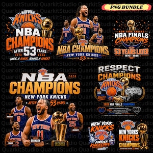 Op de afbeelding: Een digitaal grafisch pakket met New York Knicks NBA-kampioenschapsontwerpen met basketbalspelers, gouden trofeeën en tekst waaronder New York Knicks NBA Champions After 53 Years, 1973-2026 en Respect to the Champions op een zwarte achtergrond.