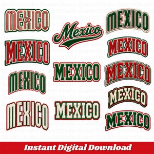 Könnte beinhalten: Eine Sammlung von zwölf gestickten Aufnähern mit dem Wort Mexico in verschiedenen Schriftarten, Stilen und Farbkombinationen, darunter Rot, Grün, Weiß und Creme. Jeder Aufnäher zeigt unterschiedliche Schriftzüge, teils gebogen, teils gerade.