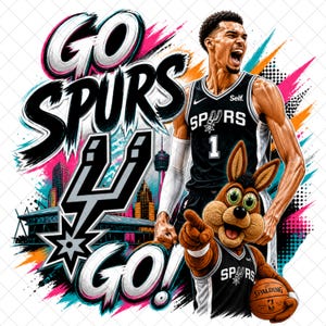 May include: Vibrant graphic featuring a basketball player in a black and white jersey with the number 1, and a mascot holding a basketball. The words "GO SPURS GO!" are prominently displayed with a colorful city skyline background.
