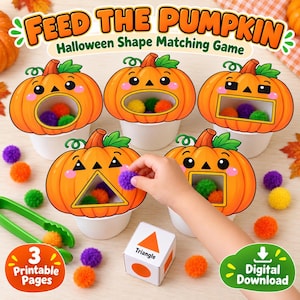 May include: A Halloween shape matching game titled Feed The Pumpkin featuring five white cups with orange pumpkin cutouts, each with a different shaped mouth. Includes colorful pom-poms, green plastic tweezers, and a white die with shapes.