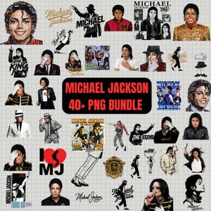 May include: A selection of Michael Jackson-themed PNG graphics. The images feature portraits, silhouettes, and text elements such as "Michael Jackson" and "The King." The colour scheme is diverse, with images in black, white, red, and gold.