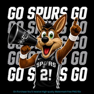 Puede incluir: Ilustración digital de una mascota de coyote de dibujos animados con una camiseta de baloncesto en blanco y negro con el texto "SPURS" y el número "2!". El coyote sostiene un megáfono y señala hacia arriba, con el texto "GO SPURS GO" en el fondo.