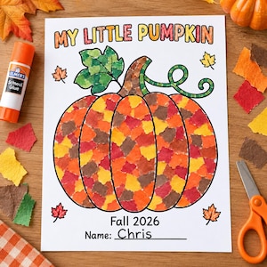 Könnte beinhalten: Ein weißes Bastelblatt mit der Überschrift MY LITTLE PUMPKIN und dem Umriss eines großen Kürbisses, der mit bunten Papierschnipseln in Orange, Gelb, Rot und Braun gefüllt ist. Der Text Fall 2026 und Name: Chris steht am unteren Rand.