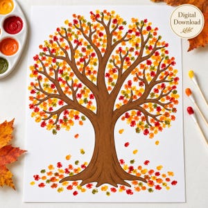 May include: A white paper sheet featuring a brown tree trunk and branches with colorful dot-painted leaves in shades of red, orange, yellow, and green. The text Digital Download is printed in a circle in the upper right corner.