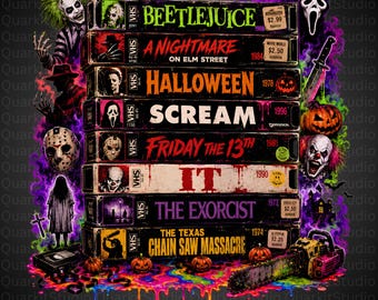 Retro Halloween Movie Stack PNG, Spooky Season VHS Tapes PNG, 90s Nostalgic Graphic, Horror Movie Characters, Digital Download