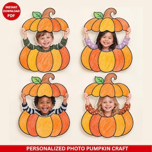 May include: Four paper pumpkin cutouts with orange and yellow coloring and green leaves. Each cutout features a top and bottom section held by a child, creating a frame for their face. The text INSTANT DOWNLOAD PDF is in a red circle.