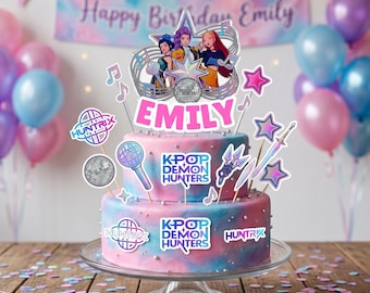 K-Pop Demon Hunters-taarttopper en stickers | Bewerkbare Huntrix-taarttopper-png | Afdrukbare Kpop-artikelen voor verjaardagsfeestjes | Canvassjabloon