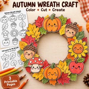 May include: An autumn wreath craft kit featuring two printable pages with black and white line art of pumpkins, leaves, acorns, mushrooms, and sunflowers. A circular cardboard wreath is decorated with coloured-in cutouts of these items.