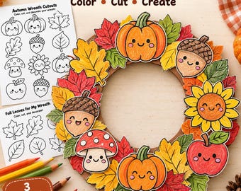 Fall Wreath Craft for Kids | Autumn Printable Activity | Easy Coloring Cut Paste Craft | Fall Thanksgiving Classroom Decor | Instant PDF