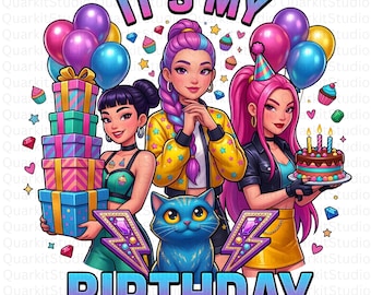 It's My Birthday Kpop Huntrix png, Huntrix-verjaardagsshirt, Rumi Mira Zoey-clipart, sublimatiekunst, Kpop-feestbenodigdheden, digitale download