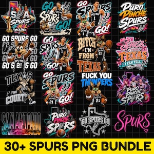May include: A digital collection of San Antonio Spurs themed graphic designs featuring basketball players, a coyote mascot, the Texas state outline, and team slogans like Go Spurs Go and Puro Pinche Spurs, presented in a grid on a black background.