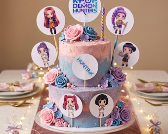 Kpop Demon Hunters-taarttopper | Afdrukbare Huntrix-taarttoppers pdf | Kpop-artikelen voor verjaardagsfeestjes | Kpop-cupcaketoppers | Digitale download