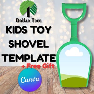 Może przedstawiać: Zielona plastikowa łopatka dla dzieci z uchwytem i główką łopaty z motywem nieba i trawy. Obraz zawiera tekst "Dollar Tree" i "KIDS TOY SHOVEL TEMPLATE". Obecne jest również logo Canva.