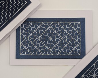 Set Handmade Geometric Embroidered Cards – Modern Navy & White Fiber Art Notecards | Blank Handmade Stationery