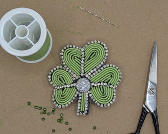 Beaded Shamrock Brooch – St. Patrick's Day Irish Clover Pin, Hand Embroidered Fiber Art