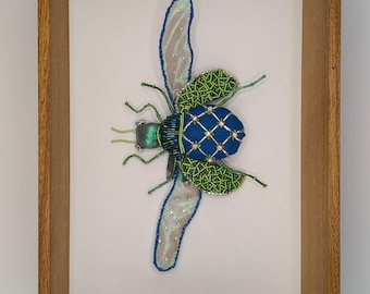 Blue Green Beetle Brooch, Hand Beaded Insect Pin, Wearable Textile Art, Iridescent Beetle Jewelry,