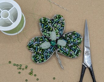 Hand-Embroidered Beaded Shamrock Brooch – St. Patrick's Day Irish Clover Pin