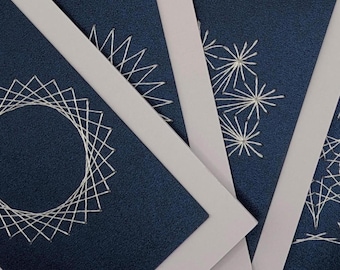Set Handmade Geometric Embroidered Cards – Modern Navy & White Fiber Art Notecards | Blank Handmade Stationery