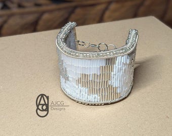 Cuff Bracelet Silver and White Hand-beaded
