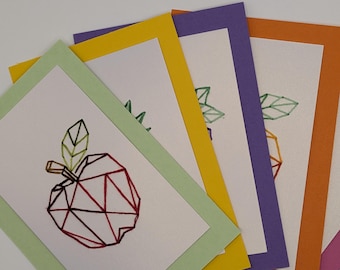 Geometric Fruit Embroidery Cards – Handmade Modern Fruit Designs, Apple, Orange, Pineapple, Watermelon & Grapes Set of 5