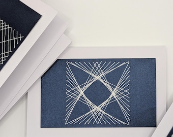 Set Handmade Geometric Embroidered Cards – Modern Navy & White Fiber Art Notecards | Blank Handmade Stationery
