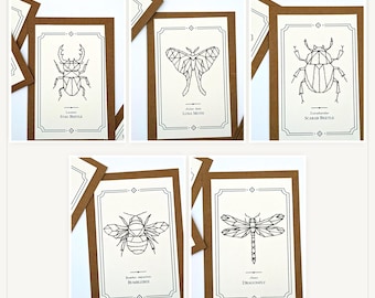 Hand Stitched Geometric Insect Cards, Beetle Dragonfly Bee Butterfly Stationery Set of 5