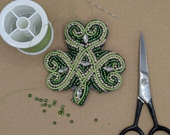 Beaded Shamrock Brooch – Hand Embroidered Irish Clover Fiber Art Pin