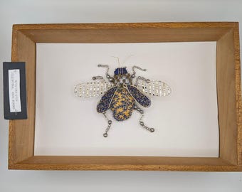 Hand Beaded Blue Gold Beetle Textile Sculpture, Specimen Wall Art