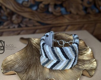 Cuff Bracelet Silver, Black, White Stripe Chevron, Hand-beaded