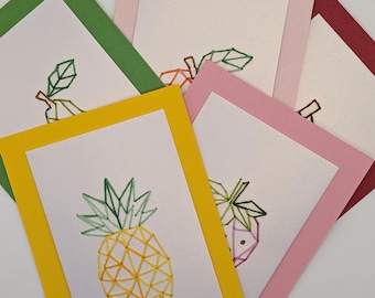Hand-Embroidered Geometric Fruit Blank Notecards – Pear, Peach, Cherry, Strawberry, Pineapple Stationery Set of 5