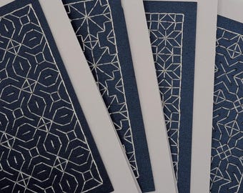 Set Handmade Geometric Embroidered Cards – Modern Navy & white Fiber Art Notecards | Blank Handmade Stationery