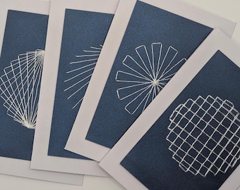 Set Handmade Geometric Embroidered Cards – Modern Navy & White Fiber Art Notecards | Blank Handmade Stationery
