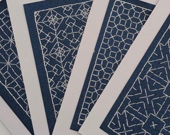 Handmade Geometric Embroidered Cards – Modern Navy & White Fiber Art Notecards | Blank Handmade Stationery Set