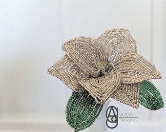Lily French Bead flower stem, silvery gold, hand beaded