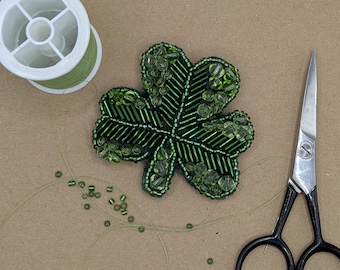 Hand-Embroidered Beaded Shamrock Brooch – Irish Clover Fiber Art Pin