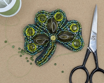 Beaded Shamrock Brooch – St. Patrick's Day Irish Clover Pin, Fiber Art Jewelry
