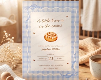 Bun in the Oven Baby Shower Invitation Canva Template Blue Gingham Cinnamon Roll Boy Digital