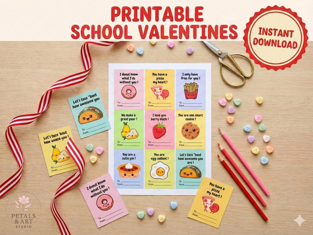 Printable Kids Valentine Cards With Funny Food Puns, School Classroom ...