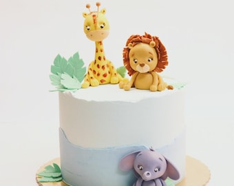 Handmade Safari Fondant Cake Topper: Lion, Giraffe, Elephant Jungle Animals (1st Birthday)