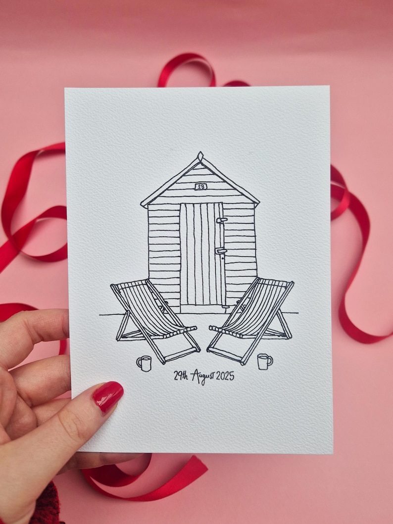 May include: Black and white line drawing of a beach scene. The illustration features a beach hut, two deck chairs, and two mugs. The date "29th August 2025" is written below the scene. The image is on a white card.